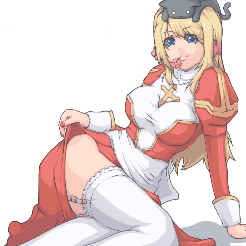 hutene, high priest (ragnarok online), ragnarok online, 1girl, animal, animal on head, blonde hair, blue eyes, breasts, cat, cat on head, clothes lift, drooping cat, female focus, flower, garter belt, hair ribbon, large breasts, long hair, mouth hold, on head, ribbon, sitting, skirt, skirt lift, solo, thighhighs