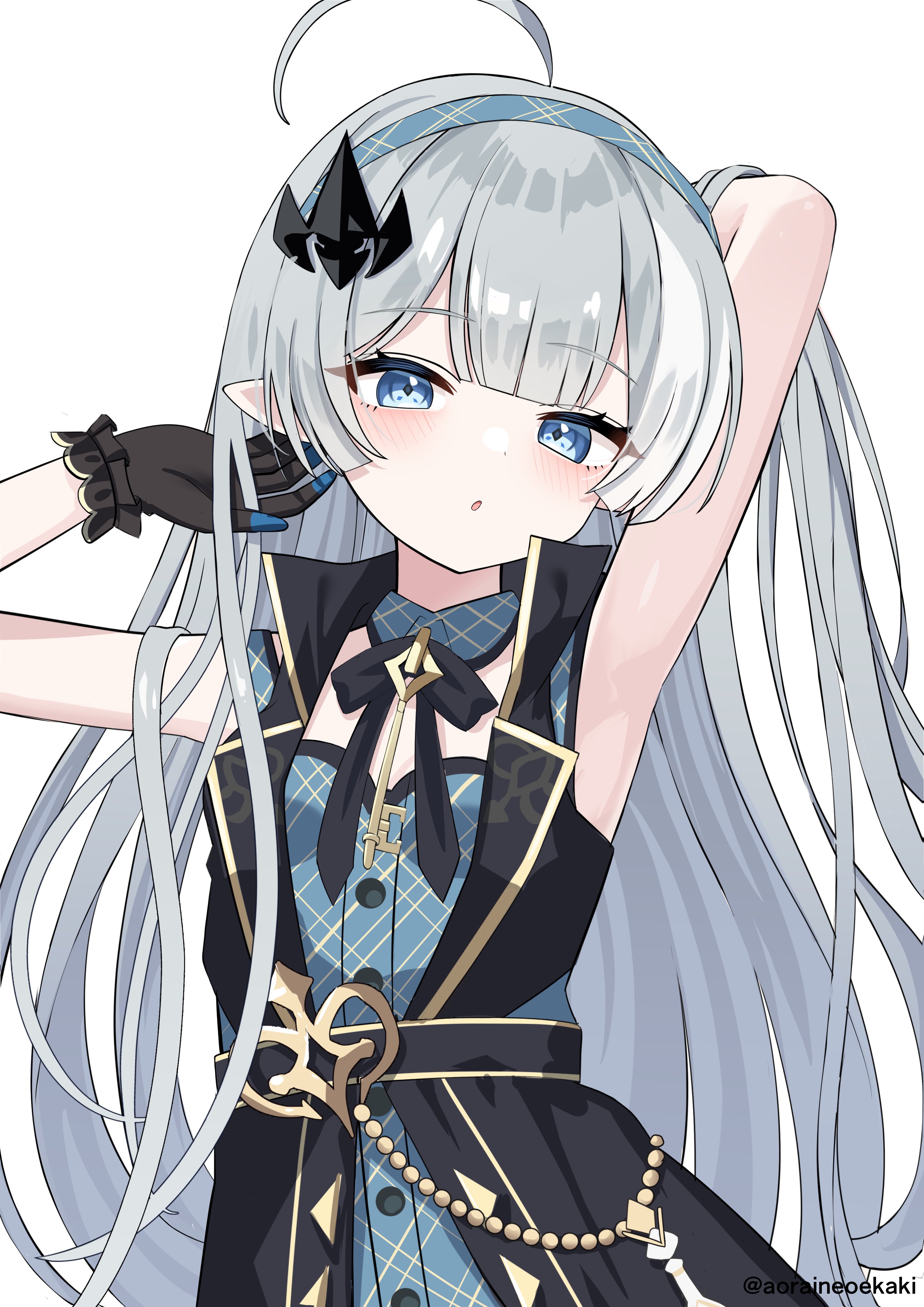 aoraine, stella sora, absurdres, character request, highres, :o, armpits, blue eyes, hair ornament, hands up, long hair, open mouth, simple background, very long hair, white background
