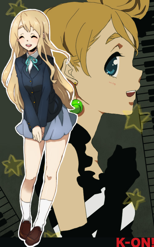 kurage (huwahuwaru n), kotobuki tsumugi, don't say "lazy", k-on!, bad id, bad pixiv id, 00s, 1girl, aqua eyes, blazer, blonde hair, blue eyes, closed eyes, earrings, female focus, jacket, jewelry, laughing, long hair, miniskirt, pleated skirt, ribbon, school uniform, shoes, skirt, smile, socks, solo, standing, tank top