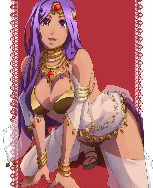 hutene, dancer (ragnarok online), ragnarok online, 1girl, arabian clothes, bikini, bikini top only, bracelet, breasts, cleavage, dark-skinned female, dark skin, female focus, jewelry, large breasts, leaning forward, long hair, lots of jewelry, necklace, purple eyes, purple hair, solo, swimsuit, tiara, yellow bikini