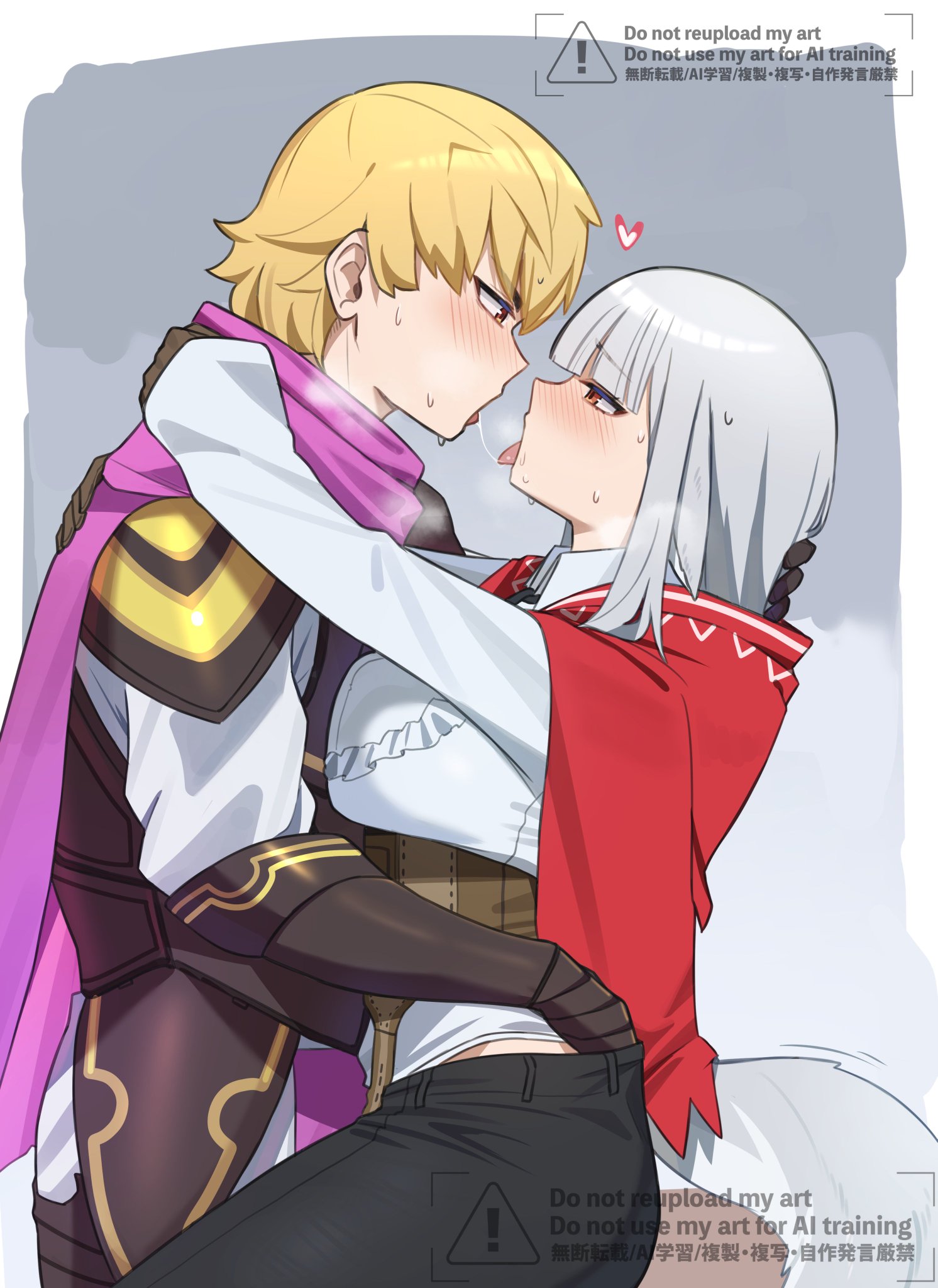nkirii, siegbert (fire emblem), velouria (fire emblem), fire emblem, fire emblem fates, nintendo, commission, highres, 1boy, 1girl, after kiss, armor, blonde hair, breast press, breasts, couple, grey hair, heavy breathing, hetero, hug, large breasts, looking at another, red eyes, straddling, tongue, tongue out