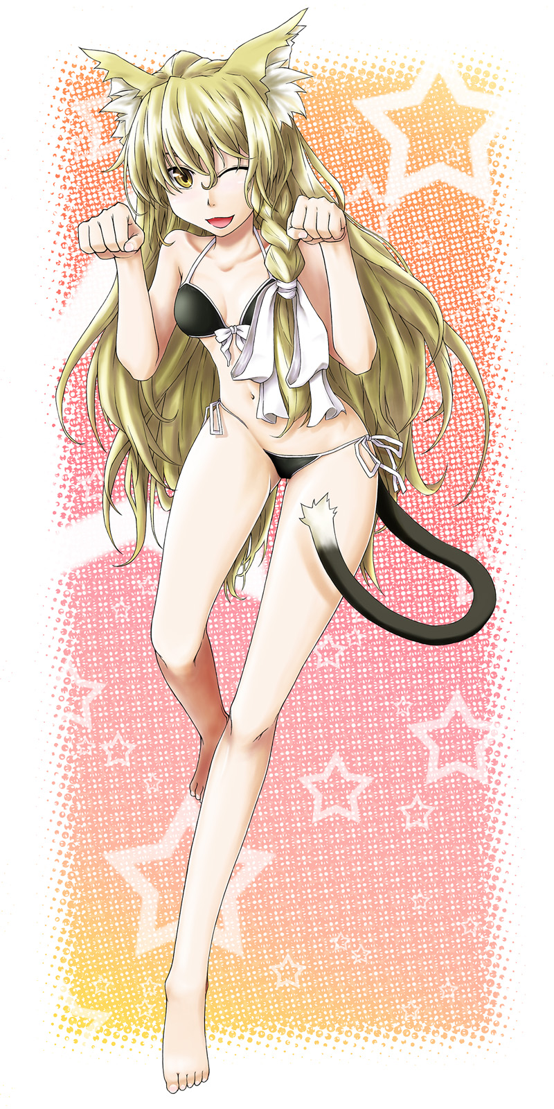 alto-00, kirisame marisa, touhou, highres, 1girl, animal ears, barefoot, bikini, black bikini, blonde hair, braid, cat ears, cat girl, cat tail, feet, female focus, full body, legs, one eye closed, paw pose, solo, swimsuit, tail, wink, yellow eyes