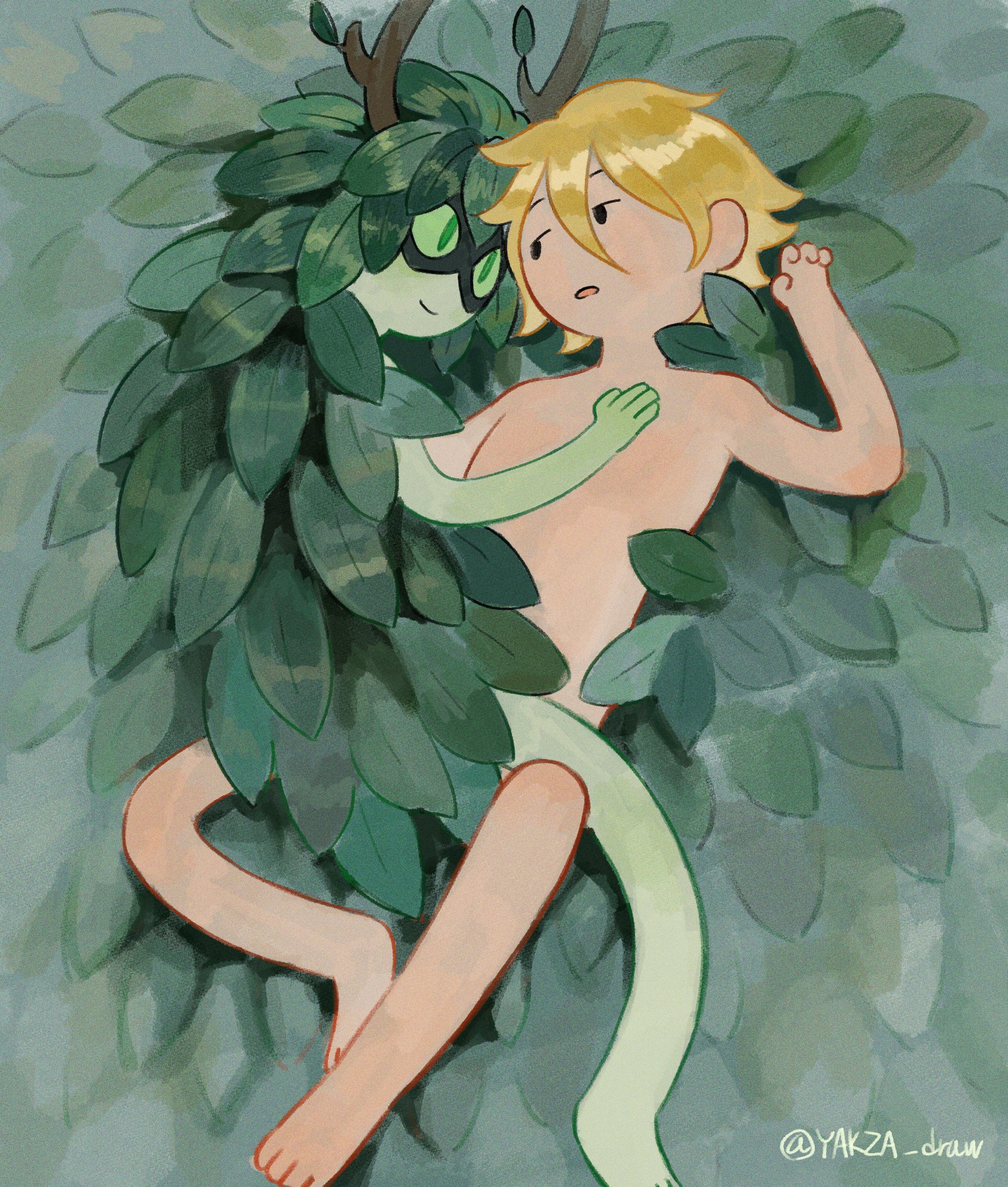 yakza draw, finn the human, huntress wizard, adventure time, highres, 1boy, 1girl, absurdly long hair, blonde hair, colored sclera, colored skin, completely nude, couple, eye mask, green eyes, green sclera, green skin, hair branch, hair censor, hand on another's chest, long hair, looking at another, mask, nude, open mouth, plant hair, very long hair