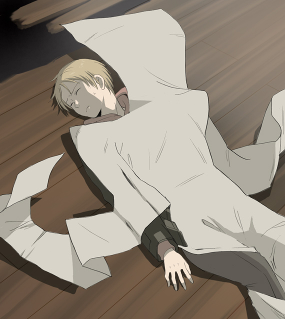 ayanashi kunio, kanimayo, natsume takashi, natsume yuujinchou, 00s, 1boy, blonde hair, closed eyes, long sleeves, lying, male focus, on back, pants, paper doll, short hair, solo, sweat, wooden floor