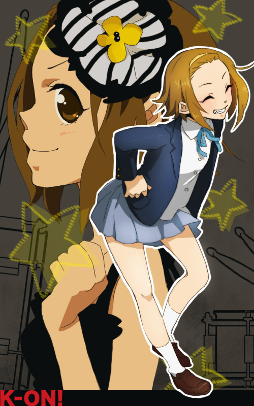 kurage (huwahuwaru n), tainaka ritsu, don't say "lazy", k-on!, bad id, bad pixiv id, 00s, 1girl, blazer, brown eyes, brown hair, closed eyes, female focus, flower, grin, hair flower, hair ornament, hairband, headband, jacket, laughing, miniskirt, pleated skirt, ribbon, school uniform, shoes, short hair, skirt, smile, socks, solo, standing, star (symbol), tank top, tomboy, white socks
