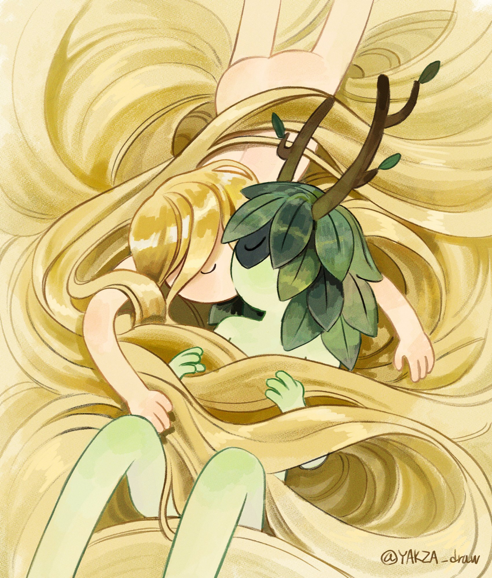 yakza draw, finn the human, huntress wizard, adventure time, highres, 1boy, 1girl, absurdly long hair, antlers, ass, blonde hair, closed eyes, colored skin, completely nude, couple, hair branch, hair censor, horns, kiss, long hair, nude, plant hair, very long hair