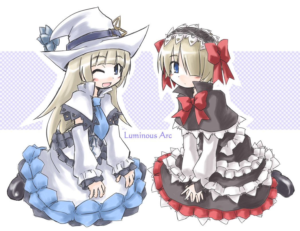 kugelschreiber, alice (luminous arc), therese, luminous arc, blonde hair, detached sleeves, dress, frills, hat, kneeling, long hair, ribbon, short hair, wink, witch, witch hat