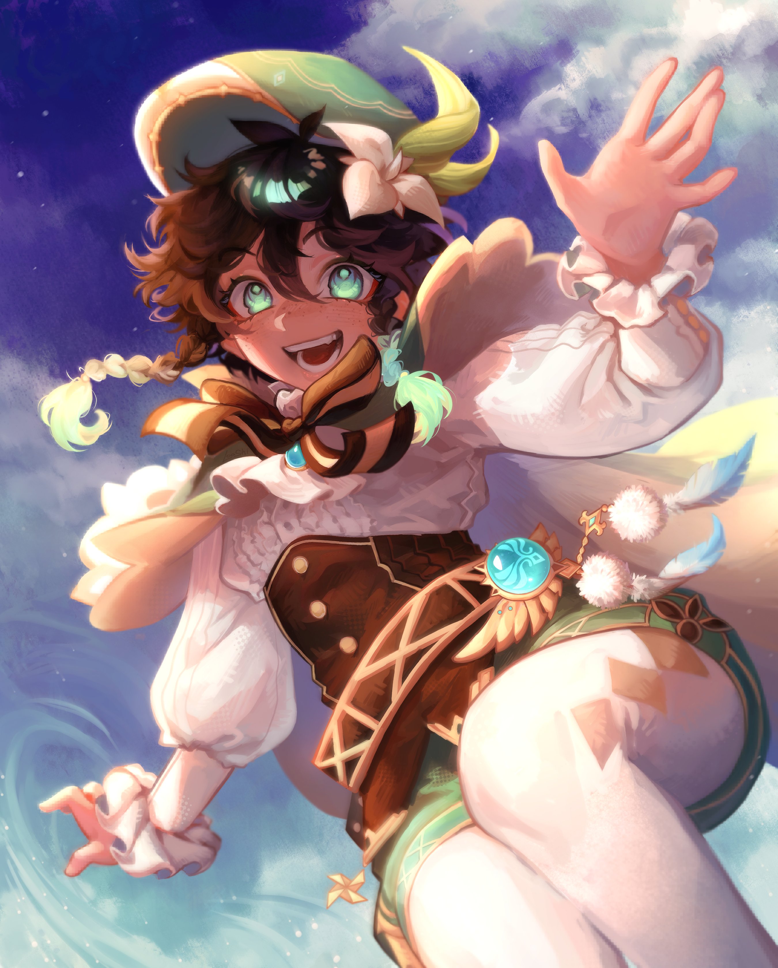 venti (genshin impact), genshin impact, absurdres, highres, 1boy, black hair, blue eyes, blue hair, blue sky, braid, cloud, day, freckles, loashi, long sleeves, looking at viewer, low twin braids, male focus, multicolored hair, open mouth, outdoors, pantyhose, short hair, sky, solo, teeth, twin braids, two-tone hair, white pantyhose