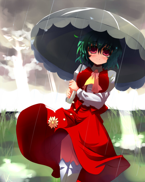 shin (new), kazami yuuka, touhou, 1girl, ascot, blush, breasts, cloud, cloudy sky, female focus, grass, green hair, kneehighs, large breasts, light rays, nature, no nose, parasol, rain, red eyes, short hair, skirt, skirt set, sky, smile, socks, solo, sunbeam, sunlight, umbrella, vest