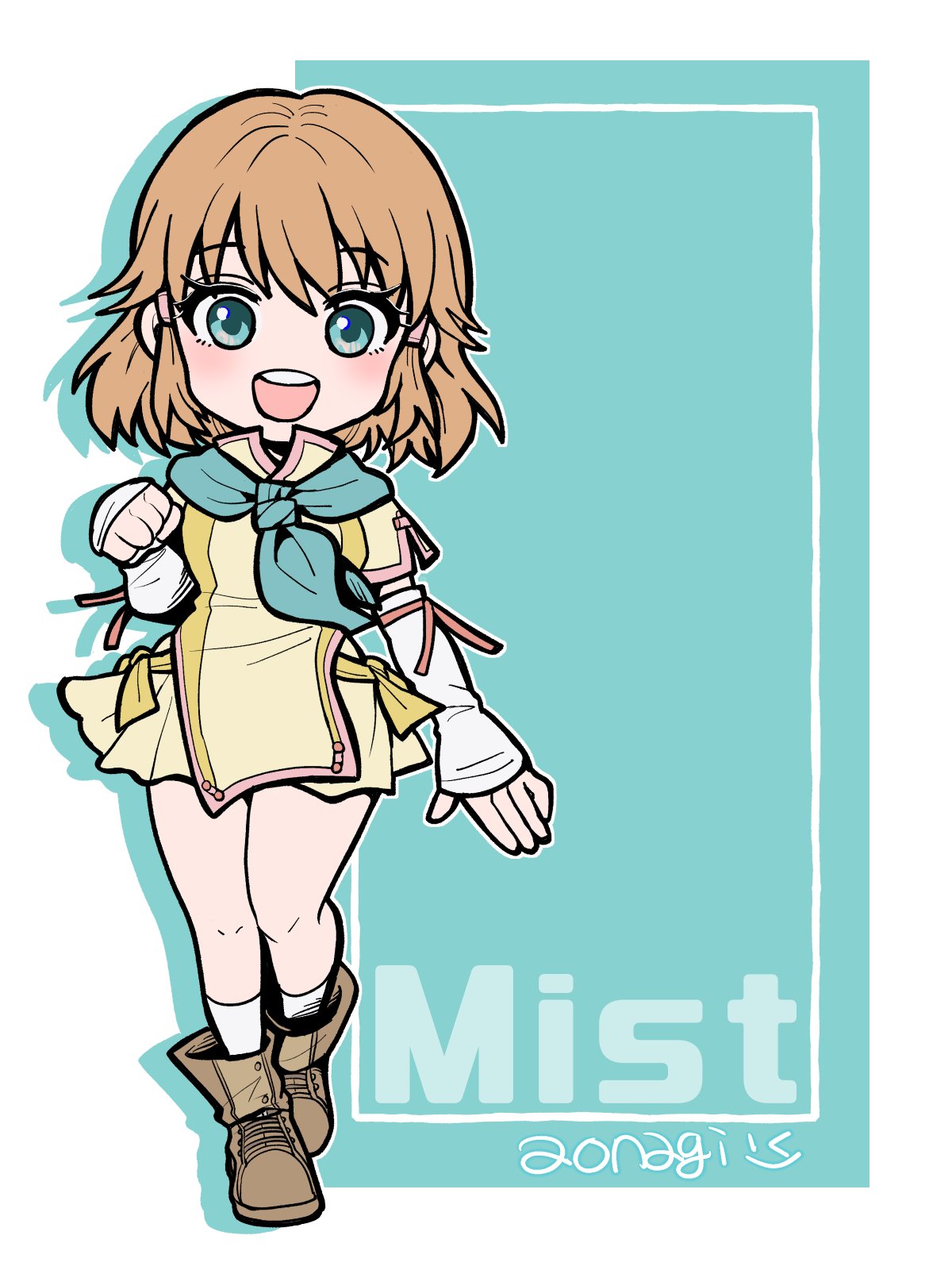 mist (fire emblem), fire emblem, fire emblem: path of radiance, nintendo, highres, 1girl, aonagimay, artist name, bare legs, blue eyes, blue scarf, breasts, brown hair, character name, fingerless gloves, gloves, hair tubes, open mouth, scarf, small breasts, socks, teeth, upper teeth only, white socks