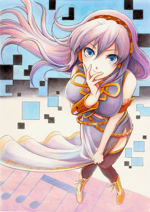 kokkoro (nullcan), megurine luka, vocaloid, traditional media, 1girl, armband, black thighhighs, blue eyes, boots, breasts, detached sleeves, female focus, from above, headphones, large breasts, pink hair, solo, thighhighs, wind