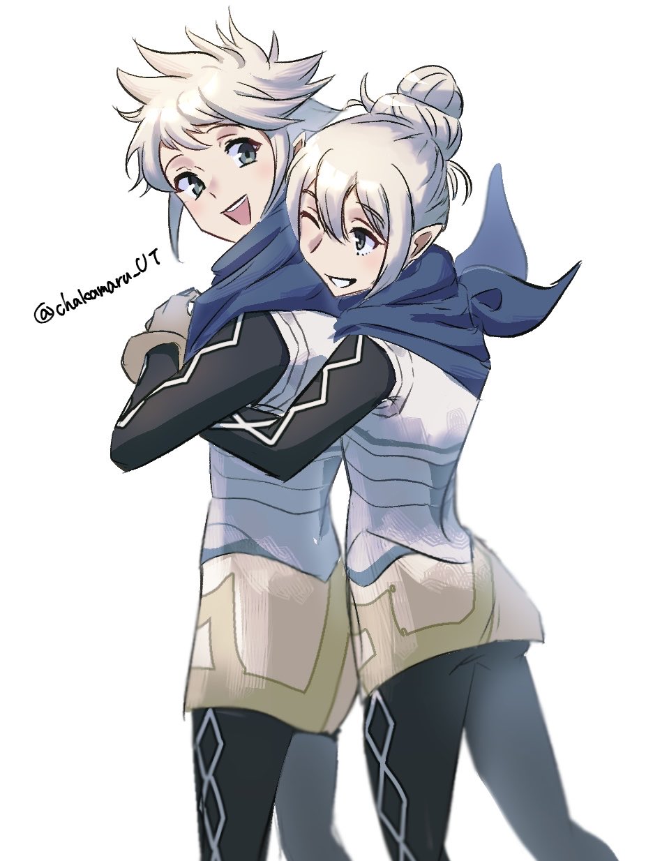 chakamaru ut, female kana (fire emblem), male kana (fire emblem), fire emblem, fire emblem fates, nintendo, highres, 1boy, 1girl, :d, ass, bandana, bandana around neck, black leggings, blue bandana, grey eyes, grin, hug, leggings, one eye closed, open mouth, pantyhose, pointy ears, smile, white hair