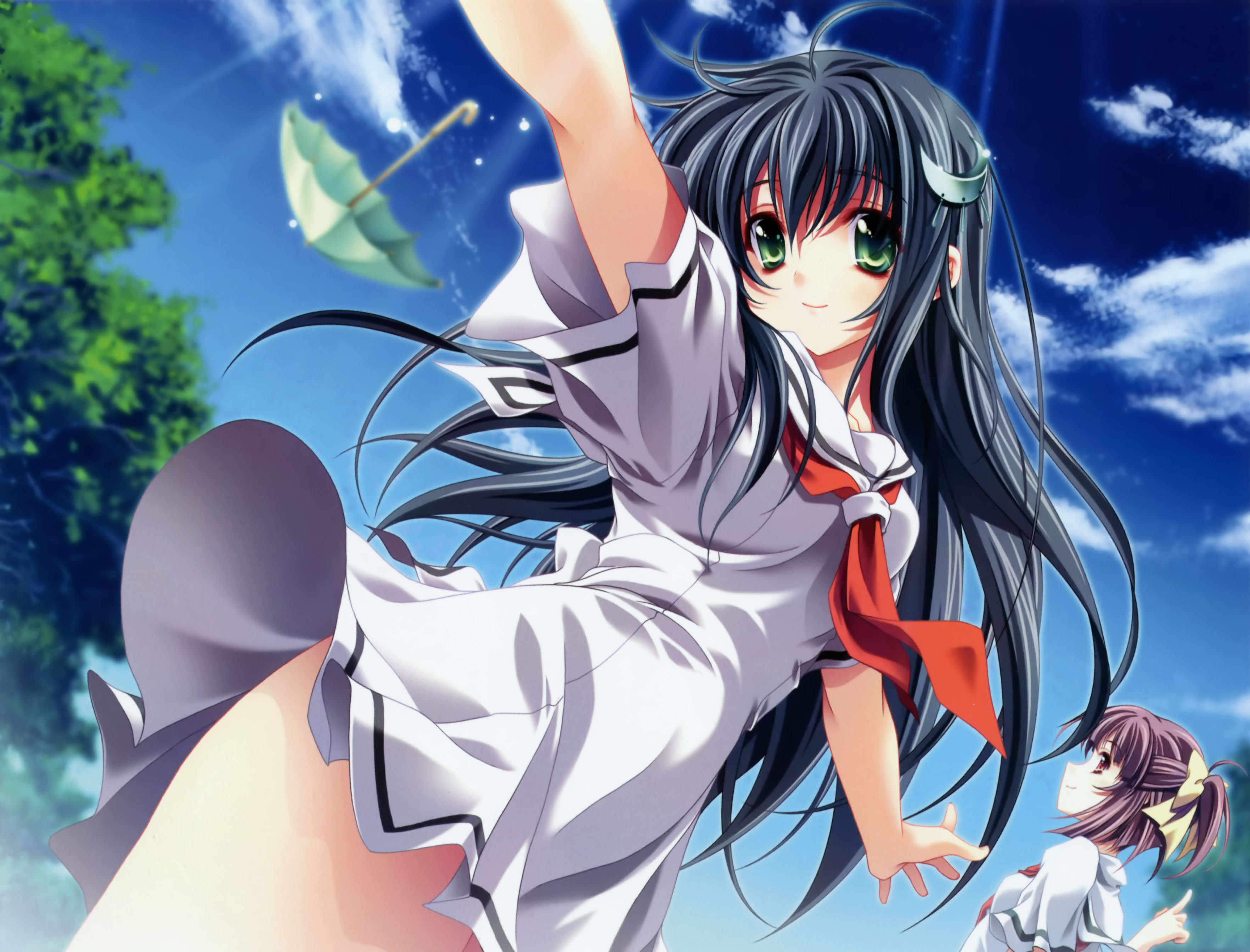 miyama-zero, amesarasa, absurdres, highres, 2girls, black hair, cloud, day, green eyes, multiple girls, pink eyes, purple hair, school uniform