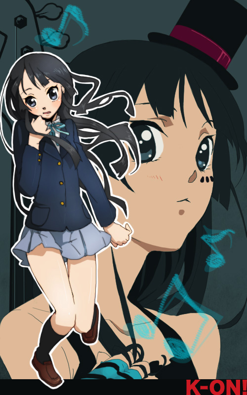 kurage (huwahuwaru n), akiyama mio, don't say "lazy", k-on!, bad id, bad pixiv id, 00s, 1girl, black eyes, black hair, blazer, blue eyes, female focus, fingerless gloves, gloves, hat, holding, holding own hair, jacket, long hair, mini hat, mini top hat, miniskirt, musical note, pleated skirt, ribbon, school uniform, shoes, skirt, socks, solo, standing, top hat