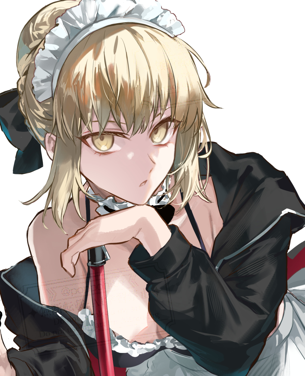 poppoman, artoria pendragon (fate), saber alter, saber alter (swimsuit rider) (first ascension), fate/grand order, fate/stay night, fate (series), highres, 1girl, bikini, black bikini, blonde hair, bow, braid, bun with braided base, hair bow, jacket, maid, maid bikini, open clothes, open jacket, swimsuit, unconventional maid