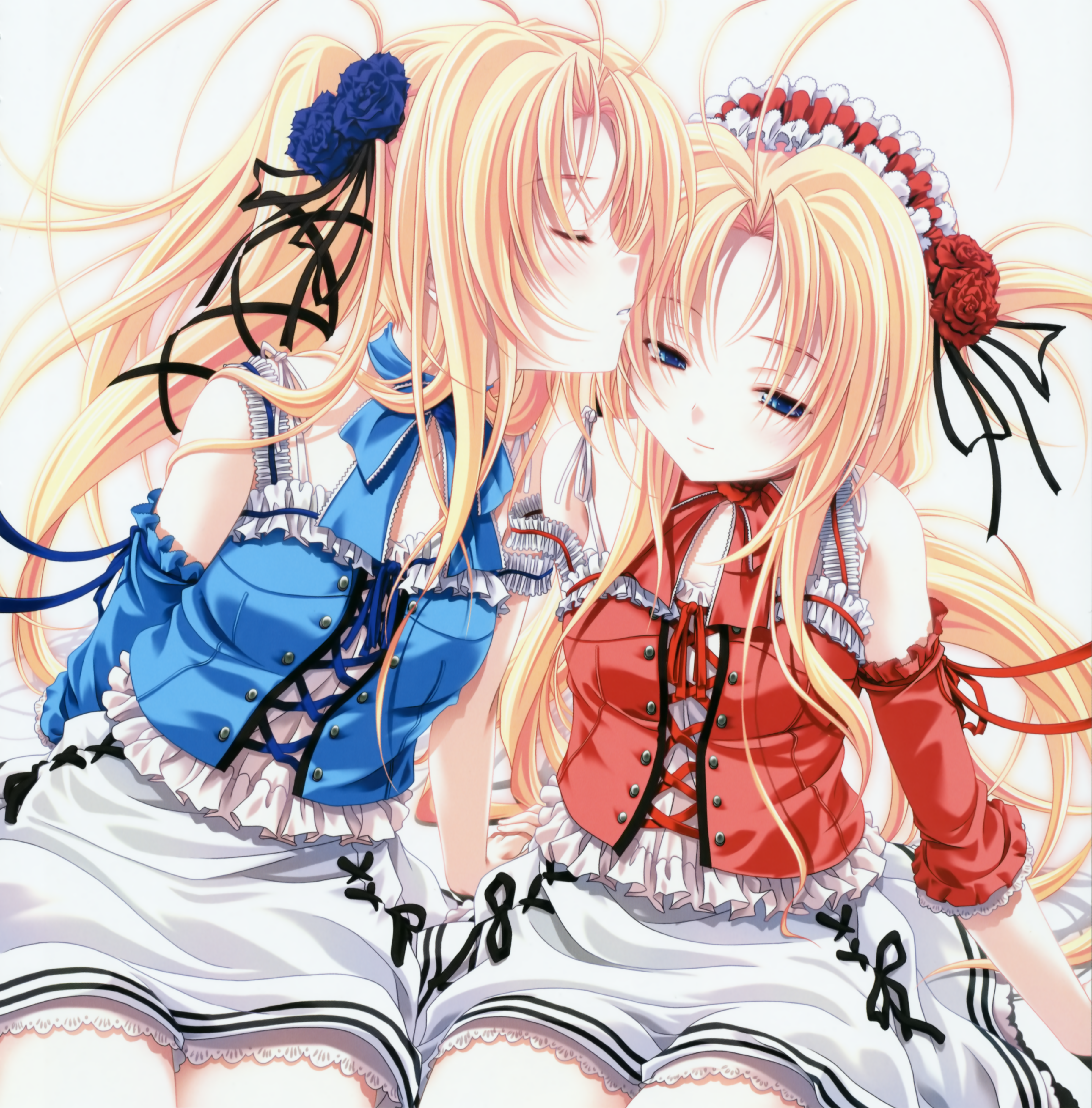 miyama-zero, shirogane akane, shirogane tobari, kanojo tachi no ryuugi, absurdres, highres, huge filesize, 2girls, blonde hair, breasts, corset, dress, headband, kiss, lolita fashion, long hair, medium breasts, multiple girls, ribbon, twintails, yuri