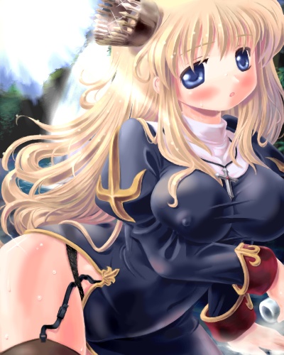 ragnarok online, lowres, non-web source, 1girl, blonde hair, blue eyes, breasts, covered erect nipples, crown, female focus, large breasts, long hair, panties, priest, priestess, solo, thighhighs, underwear