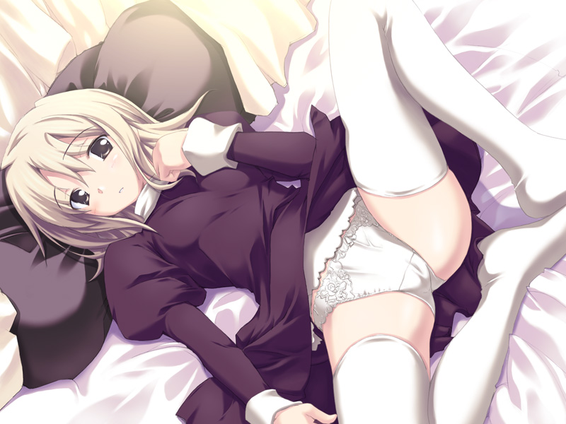 fue (tsuzuku), kisaragi shizuma, hinatabokko, game cg, 1girl, bed, black dress, blonde hair, blush, bow, bow panties, cameltoe, clothes lift, dress, dress lift, dutch angle, grey eyes, lace, lace-trimmed panties, lace trim, looking up, lying, panties, pillow, spread legs, thighhighs, underwear, white panties, white thighhighs