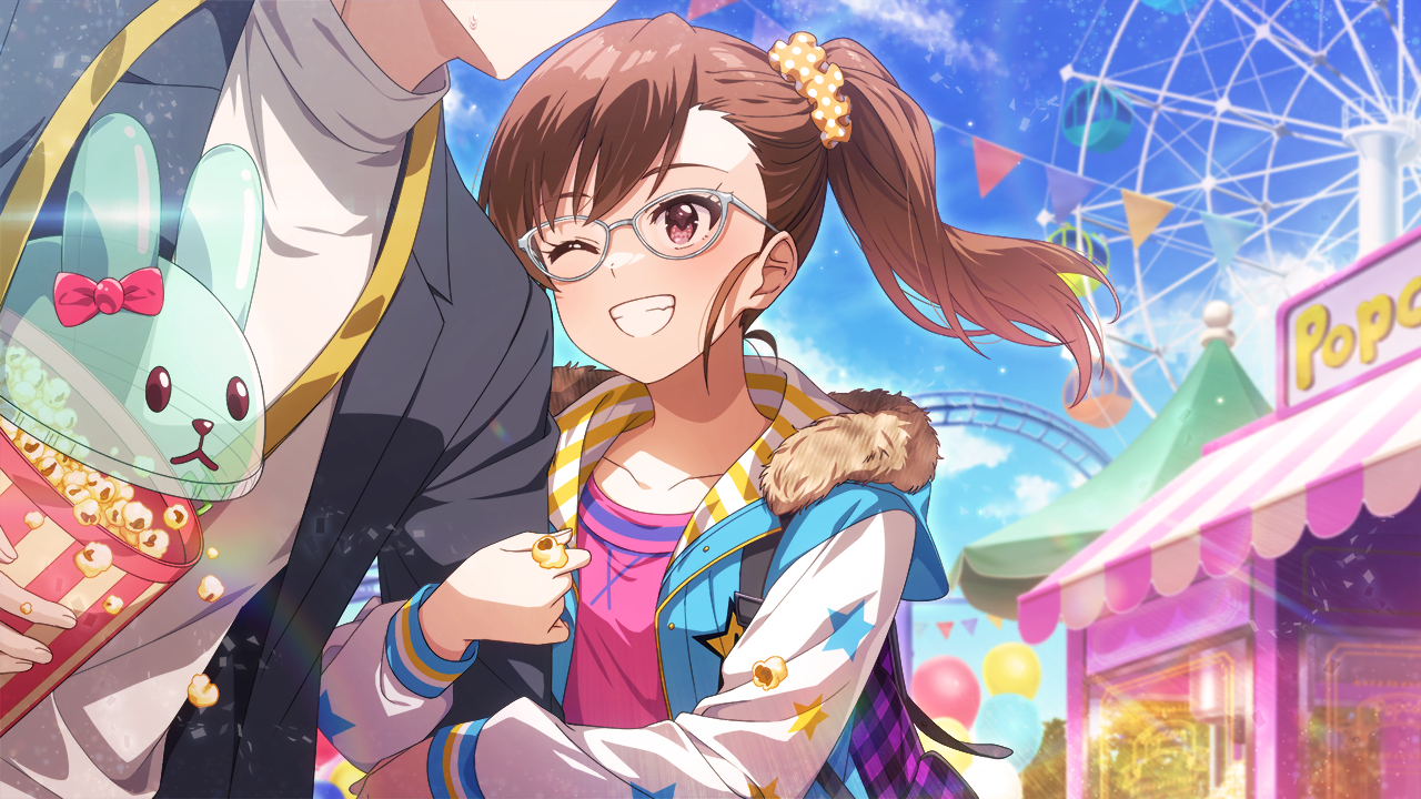 futami mami, idolmaster, idolmaster million live!, idolmaster million live! theater days, game cg, official art, arm hug, backpack, bag, balloon, brown hair, building, cloud, english text, ferris wheel, flag, food, fur trim, glasses, grin, one eye closed, popcorn, red eyes, roller coaster, side ponytail, smile, star (symbol)