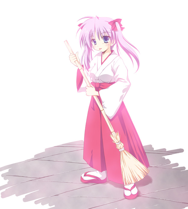 hiiragi kagami, kadokawa shoten, lucky star, non-web source, 00s, blue eyes, broom, japanese clothes, miko, purple hair, sandals, solo, tongue, twintails