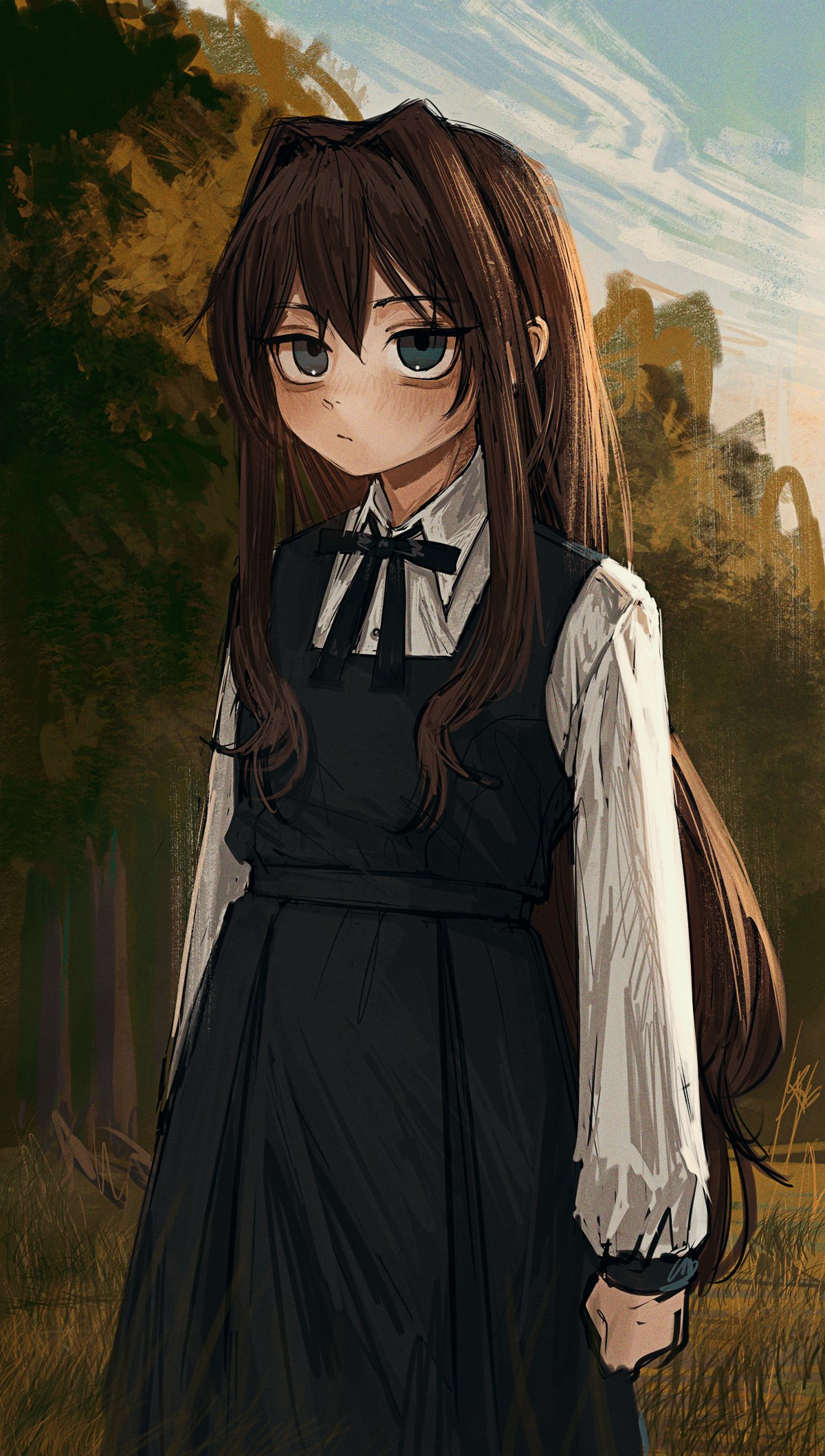 inai the maid, elisia valfelto, original, highres, 1girl, :/, borrowed character, brown hair, dress, expressionless, green eyes, hair intakes, long hair, outdoors, sketch, solo, twilight