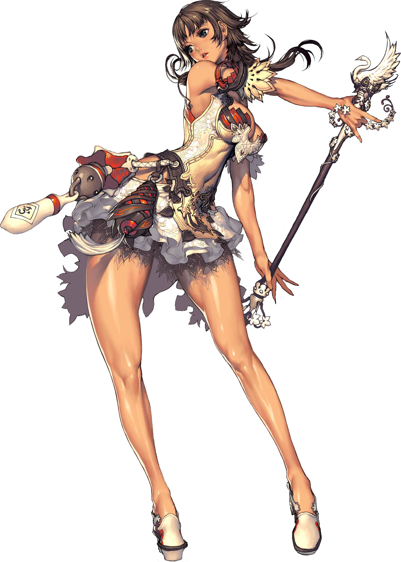 kim hyung tae, zephie, magna carta, magna carta 2, highres, armband, blue eyes, breasts, brown hair, cleavage, lipstick, long hair, makeup, miniskirt, pleated skirt, shoes, skirt, staff, standing, tank top