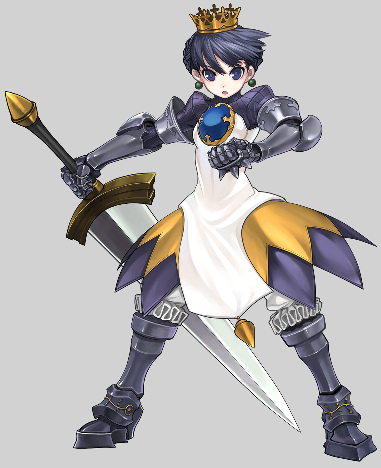 masn (moxi), gradriel, gradriel de valendia, atlus, etrian odyssey, princess crown, highres, 1girl, armor, armored dress, bloomers, blue eyes, boots, brooch, crown, dress, earrings, female focus, full body, gauntlets, gold crown, greaves, grey background, holding, holding sword, holding weapon, jewelry, knee boots, legs apart, purple hair, simple background, solo, standing, sword, underwear, weapon
