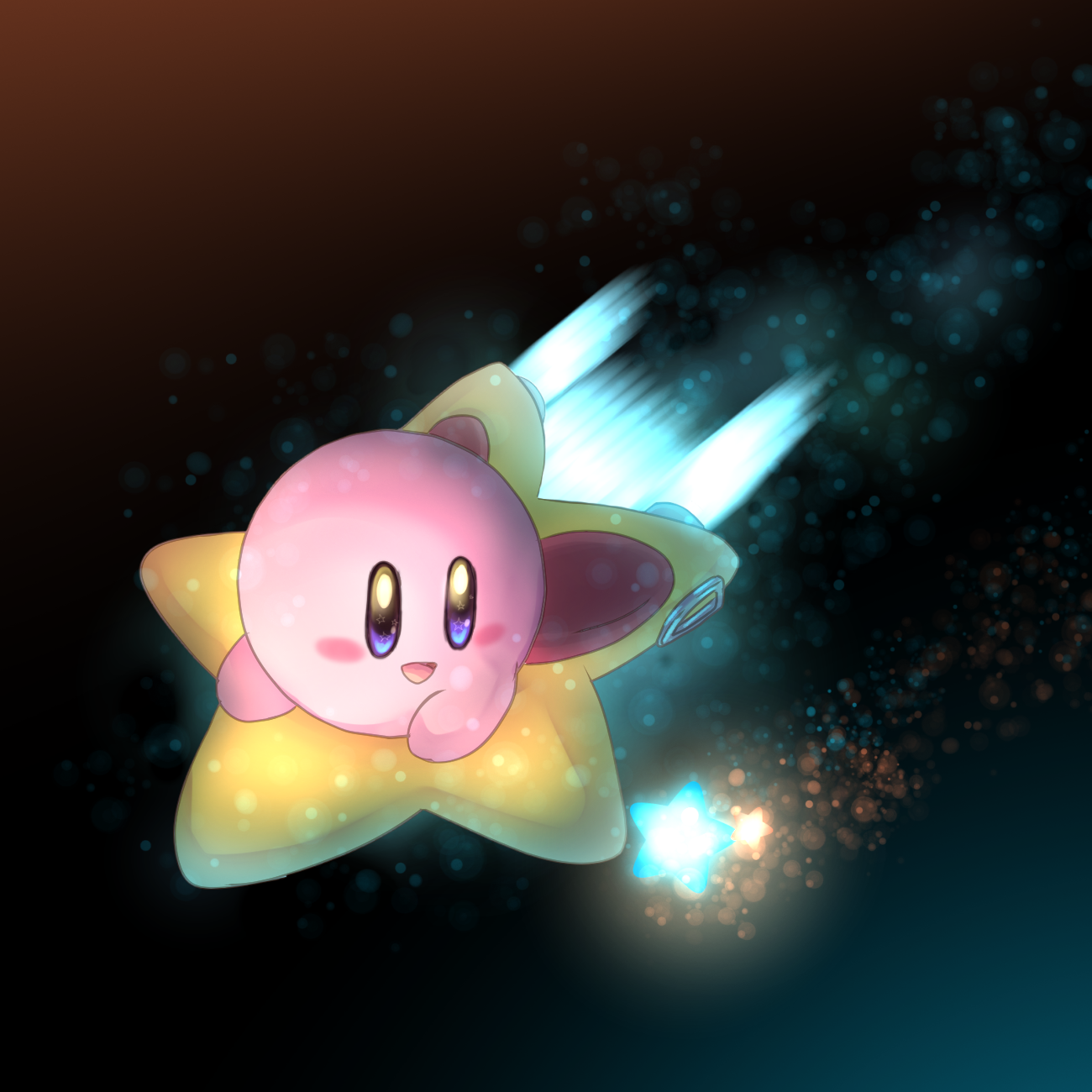 konna-nani, kirby, kirby (series), nintendo, commentary, highres, symbol-only commentary, :d, blue eyes, blush stickers, flying, full body, gradient background, happy, looking to the side, no humans, open mouth, riding, smile, solo, space, star (symbol), star in eye, symbol in eye, warp star