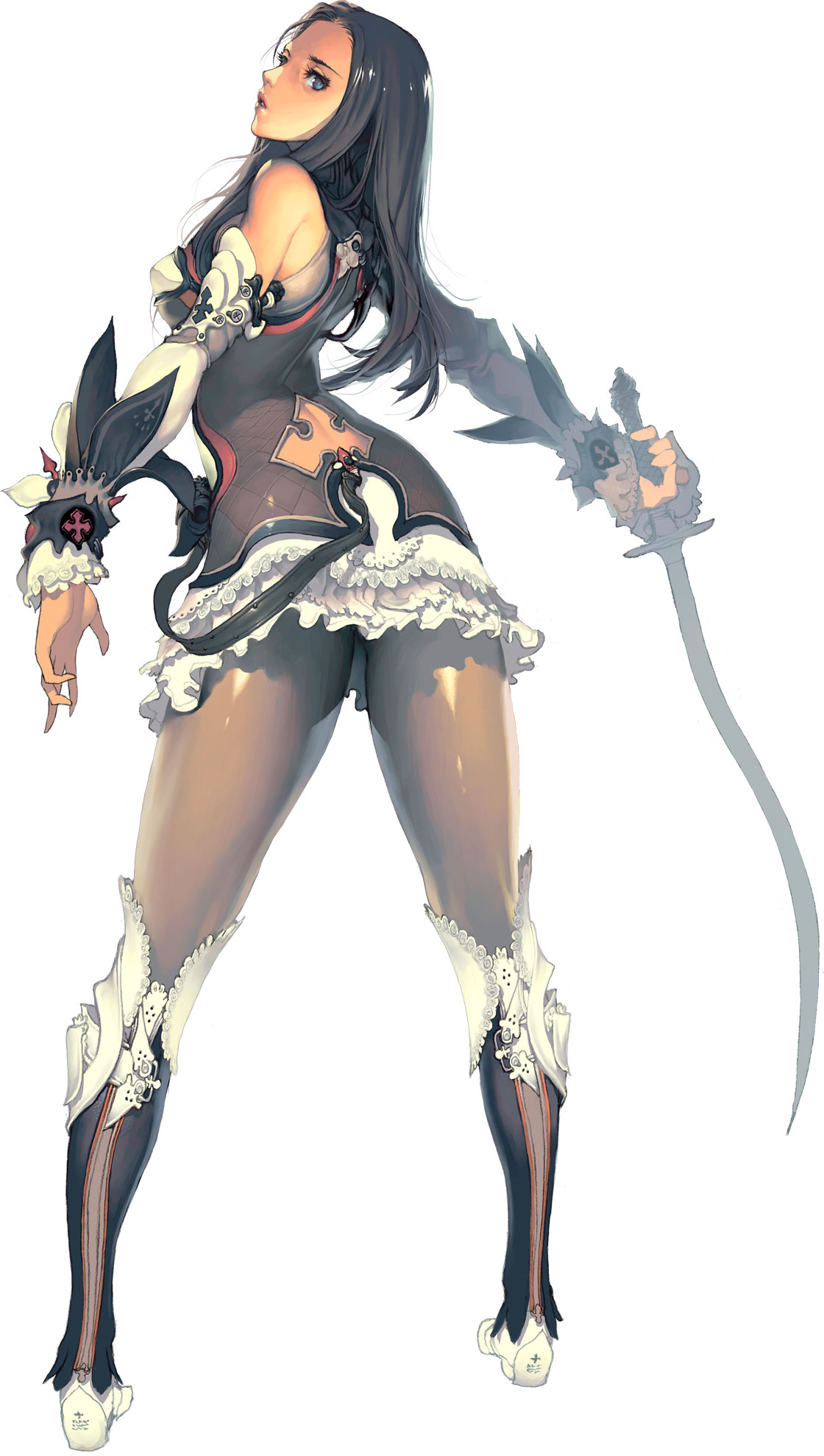 kim hyung tae, melissa tiss, magna carta, magna carta 2, highres, belt, black hair, blue eyes, boots, breasts, elbow gloves, frills, from behind, gloves, long hair, looking back, pantyhose, sword, weapon