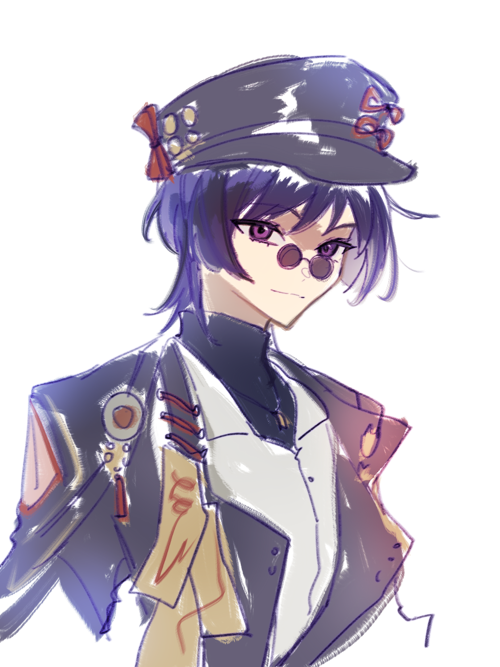 nihaowojiaoshanghetu, scaramouche (genshin impact), genshin impact, chinese commentary, highres, 1boy, alternate costume, alternate universe, black jacket, closed mouth, collared jacket, hair between eyes, hat, jacket, jewelry, looking at viewer, looking to the side, multicolored hair, necklace, purple eyes, purple hair, short hair, simple background, solo, sunglasses, upper body, white background