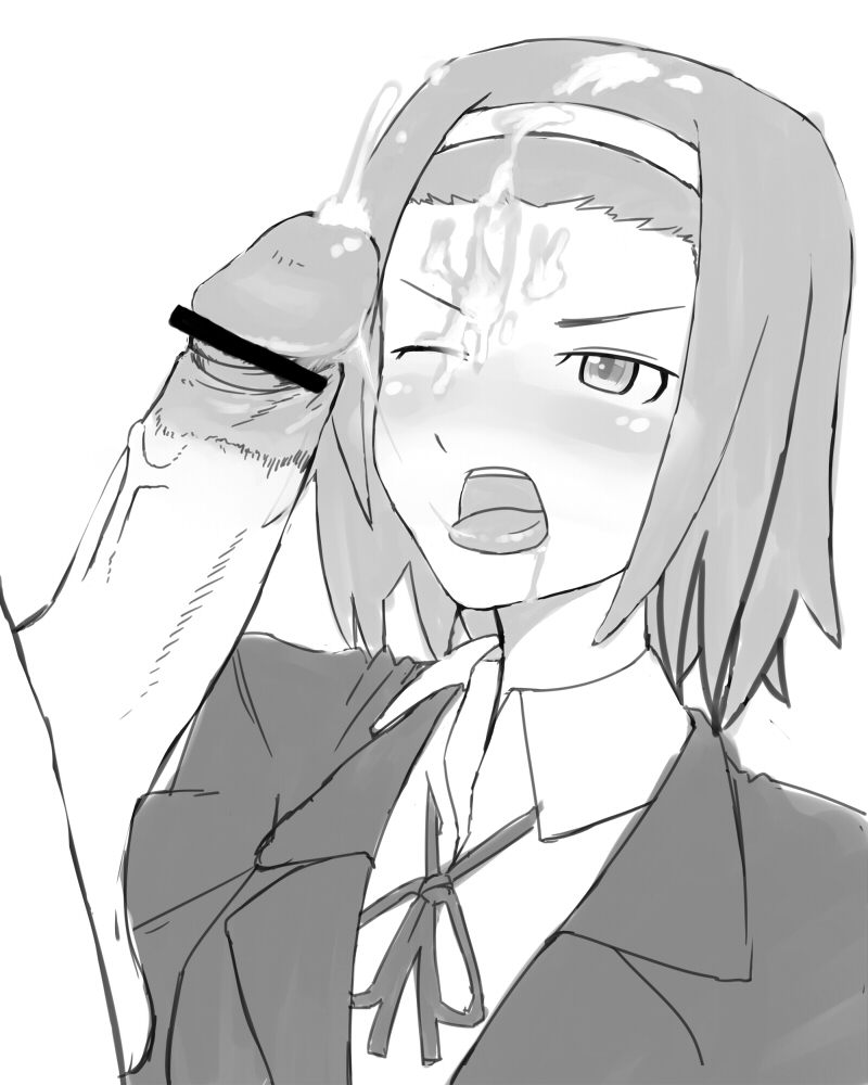 osashimi, tainaka ritsu, k-on!, bad id, bad pixiv id, 00s, 1boy, 1girl, angry, bar censor, censored, cum, cum on body, facial, forehead, greyscale, headband, monochrome, open mouth, penis, school uniform, short hair, simple background, tomboy, tongue