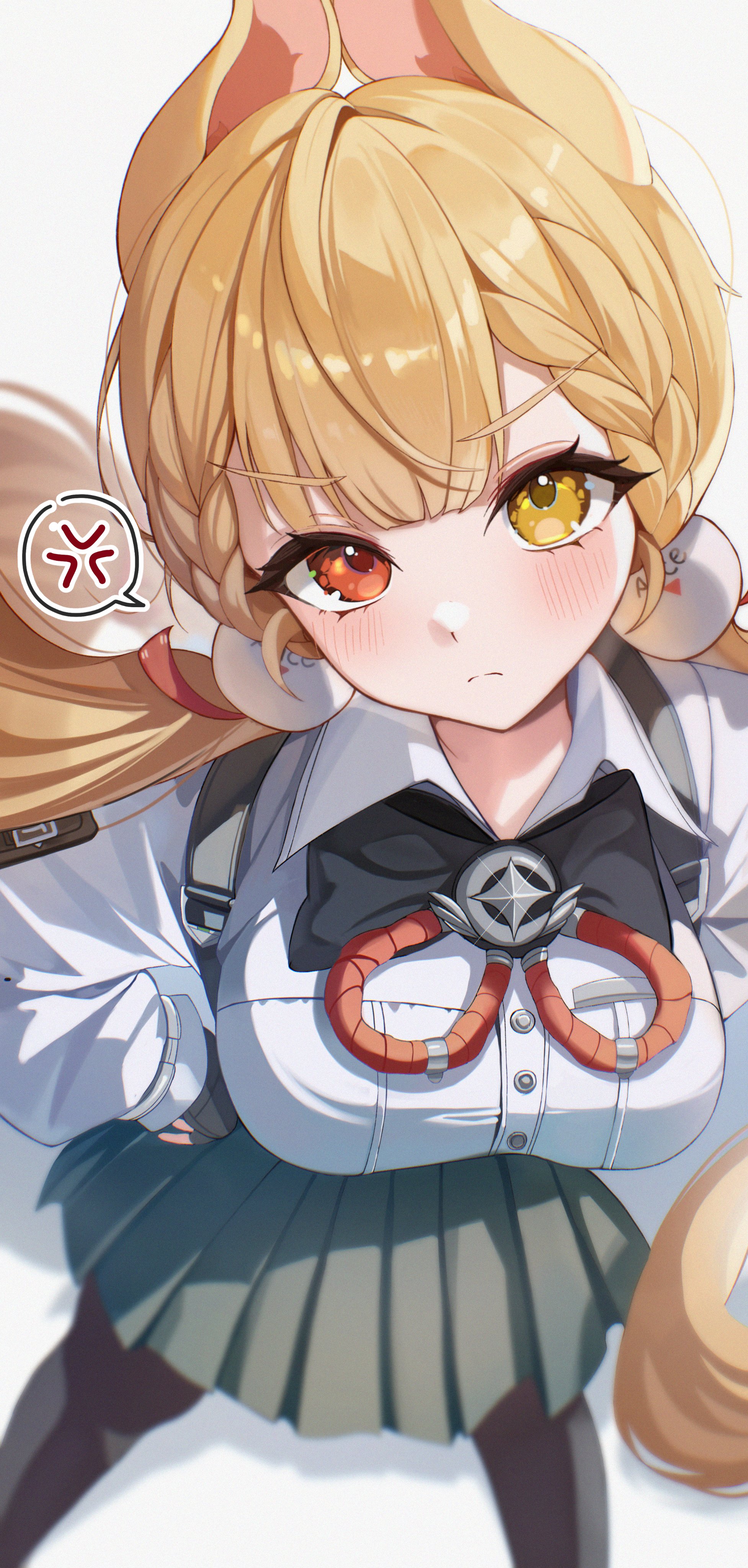 mincokeikeujeongol, alice thymefield, zenless zone zero, absurdres, commentary, highres, 1girl, anger vein, angry, animal ears, black gloves, black pantyhose, blonde hair, blurry, blush, breasts, chest bow, closed mouth, fingerless gloves, gloves, green skirt, hair ornament, hands on own hips, heterochromia, large breasts, long hair, looking at viewer, pantyhose, rabbit ears, rabbit girl, red eyes, shirt, skirt, solo, sphere hair ornament, spoken anger vein, twintails, white background, white shirt, yellow eyes