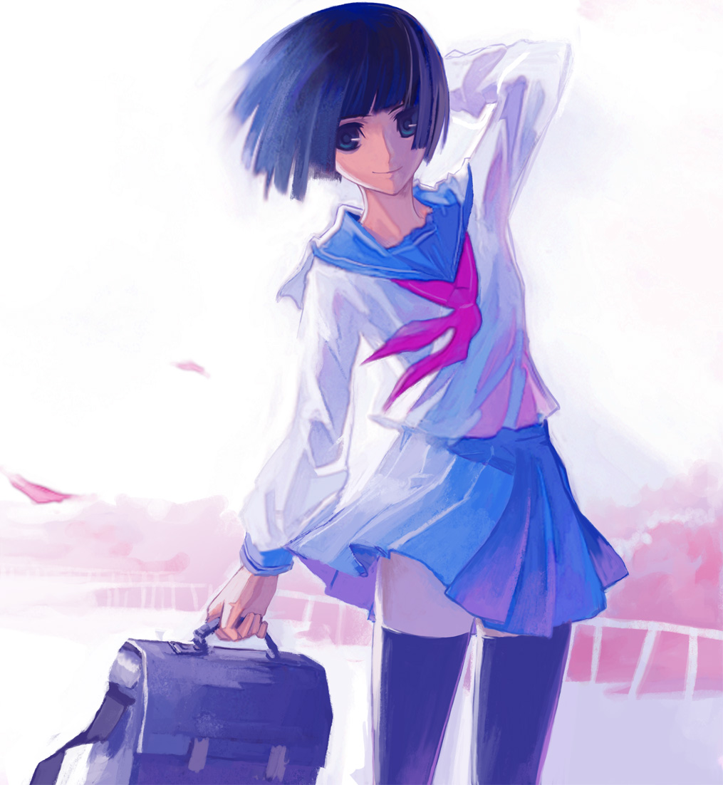 ktl (kuoting), kuoting, original, 1girl, bag, black eyes, black hair, black thighhighs, blue eyes, blue hair, bob cut, female focus, matching hair/eyes, miniskirt, outdoors, pleated skirt, satchel, school uniform, serafuku, short hair, skirt, smile, solo, standing, thighhighs, wind, zettai ryouiki