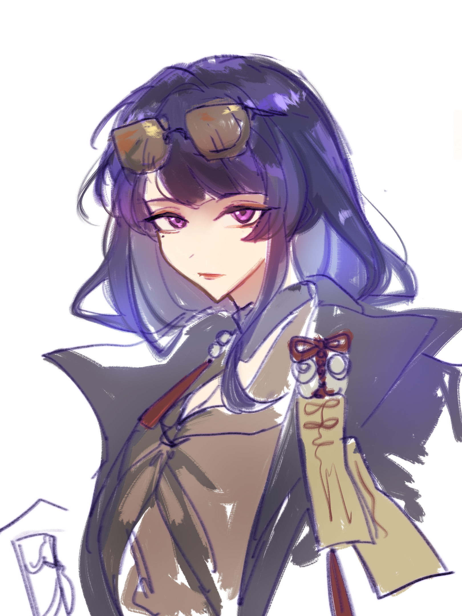 nihaowojiaoshanghetu, raiden shogun, genshin impact, chinese commentary, highres, 1girl, alternate costume, alternate universe, black coat, blunt bangs, breasts, cleavage, closed mouth, coat, collared coat, eyewear on head, gradient hair, large breasts, long hair, looking at viewer, mole, mole under eye, multicolored hair, open clothes, open coat, pink lips, solo, sunglasses, teeth, upper teeth only, white background