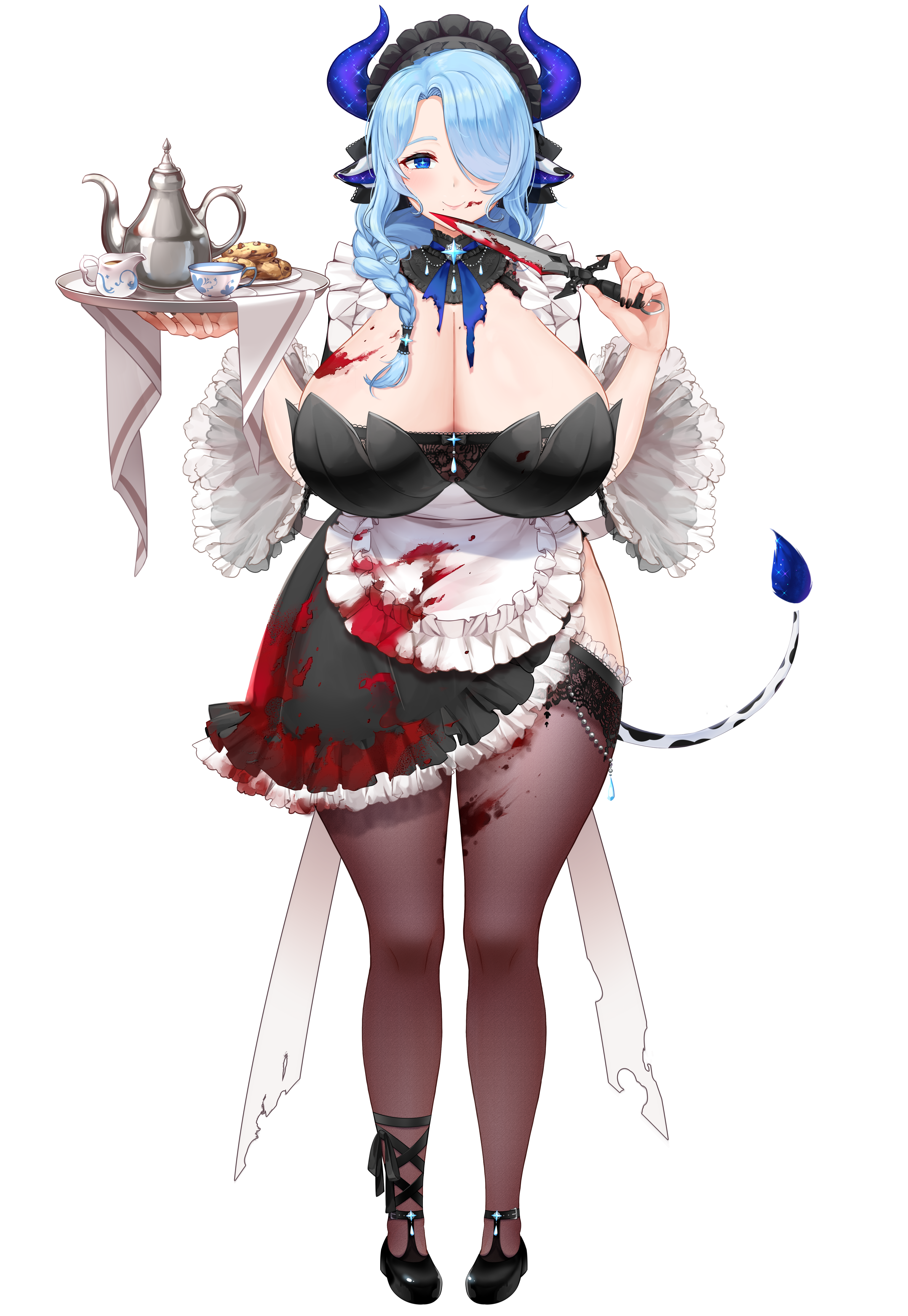 cream cod, miilkywayz, indie virtual youtuber, absurdres, highres, official art, 1girl, animal ears, apron, black dress, black nails, black shoes, blood, blood on breasts, blood on clothes, blood on face, bloody knife, blue eyes, blue hair, blue pupils, braid, breasts, bright pupils, cleavage, closed mouth, cookie, cow ears, cow girl, cow horns, cow tail, cup, dress, food, frilled apron, frilled dress, frills, hair over one eye, hair over shoulder, hair tubes, holding, holding tray, horns, huge breasts, knife, long hair, maid, maid headdress, mole, mole under mouth, purple horns, saucer, shoes, single hair tube, smile, solo, tachi-e, tail, teacup, teapot, thighhighs, transparent background, tray, virtual youtuber, white apron