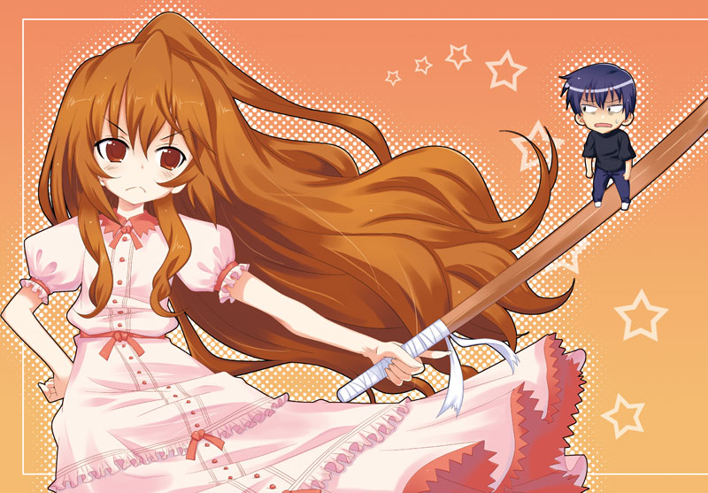 katsuo, sabano niwatori, aisaka taiga, takasu ryuuji, toradora!, bad id, bad pixiv id, 00s, 1boy, 1girl, bokken, brown eyes, brown hair, chibi, dress, frown, long hair, sword, weapon, wooden sword