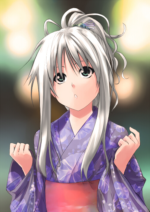 wander (artist), wander (cordabyss), original, silver hair, bad id, bad pixiv id, 1girl, female focus, green eyes, hair ornament, japanese clothes, kimono, obi, ponytail, sash, solo, yukata