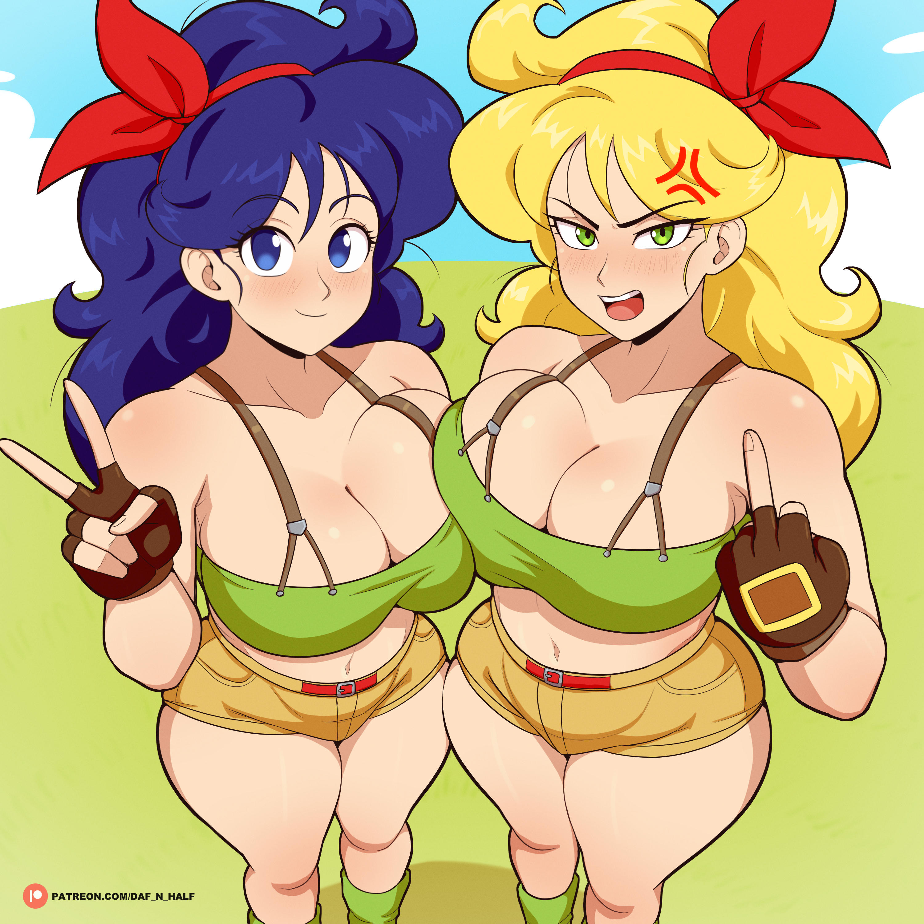 daf n half, lunch (bad) (dragon ball), lunch (dragon ball), lunch (good) (dragon ball), dragon ball, dragon ball (classic), absurdres, highres, 2girls, anger vein, blonde hair, blue eyes, blue hair, breast press, breasts, crop top, curly hair, green eyes, green tank top, hairband, large breasts, long hair, looking at viewer, middle finger, multiple girls, open mouth, red hairband, shorts, smile, standing, symmetrical docking, tank top, v, wide hips, yellow shorts
