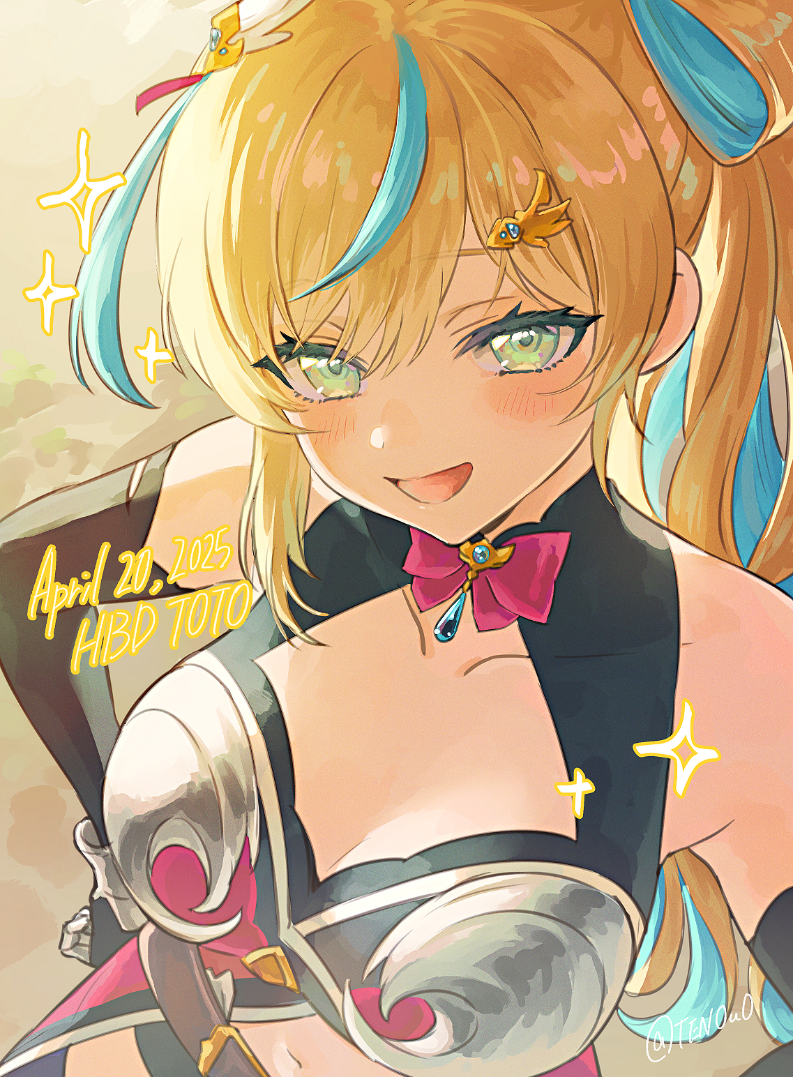 ten0u0, tachitsute toto, nijisanji, highres, 1girl, :d, aqua hair, arm across waist, armor, belt, belt buckle, birthday, black dress, black gloves, black shorts, blonde hair, blush, bow, breasts, buckle, cleavage, cleavage cutout, clothing cutout, collarbone, dress, elbow gloves, from above, gloves, green eyes, hair ornament, hairclip, hands on own hips, happy birthday, jewelry, large breasts, looking at viewer, multicolored hair, navel, open mouth, red dress, red ribbon, ribbon, ribbon hair, short hair, shorts, side ponytail, sidelocks, simple background, sleeveless, sleeveless dress, smile, solo, sparkle, stomach, streaked hair, tachitsute toto (1st costume), twitter username, upper body, virtual youtuber, wing hairpin