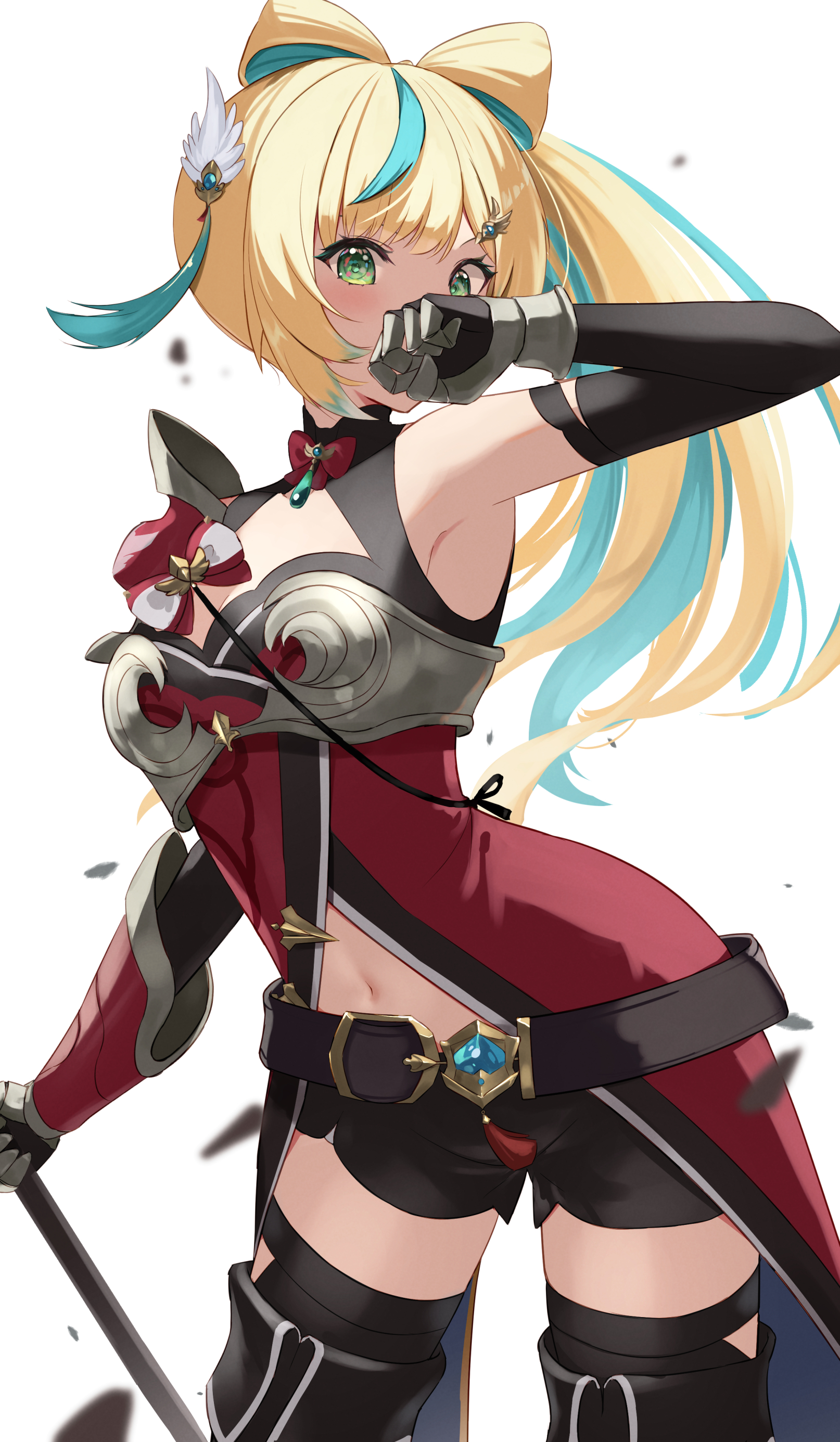 takechi49, tachitsute toto, nijisanji, absurdres, highres, 1girl, aqua hair, arm up, armor, armpits, axe, battle axe, belt, belt buckle, black dress, black gloves, black shorts, blonde hair, blush, bow, bow-shaped hair, bowtie, breasts, buckle, cleavage, cleavage cutout, clothing cutout, covering face, cowboy shot, debris, dress, elbow gloves, gauntlets, gloves, green eyes, hair ornament, hairclip, holding, holding axe, long hair, medium breasts, midriff, multicolored hair, navel, pauldrons, red dress, red ribbon, ribbon, ribbon hair, shorts, shoulder armor, side ponytail, single gauntlet, single pauldron, single vambrace, sleeveless, sleeveless dress, solo, streaked hair, tachitsute toto (1st costume), tassel, thighhighs, vambraces, virtual youtuber, weapon, white background, wing hair ornament