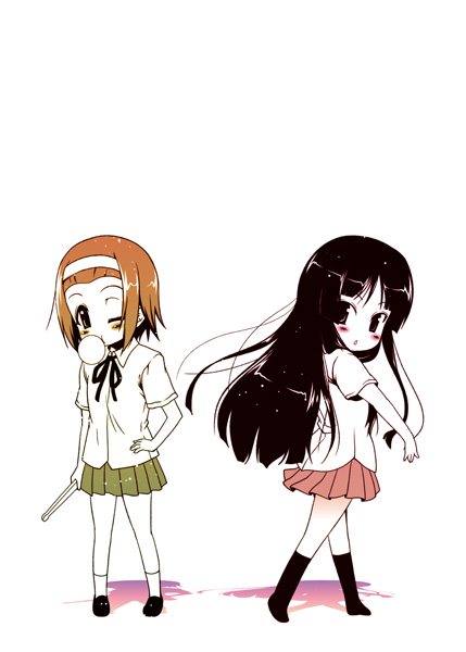 koji, kouji (campus life), akiyama mio, tainaka ritsu, k-on!, 00s, 2girls, :o, black eyes, black hair, blowing bubble gum, blowing bubbles, blush, brown hair, chewing gum, hair ornament, hairband, headband, long hair, looking back, miniskirt, multiple girls, one eye closed, pleated skirt, ribbon, school uniform, shoes, short hair, skirt, socks, standing, wink