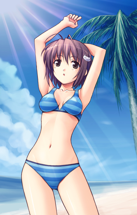 michi, original, 1girl, beach, bikini, blue bikini, cowboy shot, day, female focus, grey hair, outdoors, short hair, solo, stretching, striped bikini, striped clothes, swimsuit