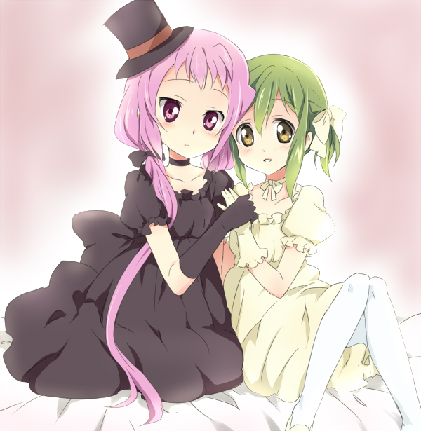 maruki (punchiki), kl-chan, mono (character), bad id, bad pixiv id, brown eyes, dress, gloves, green hair, holding hands, long hair, pantyhose, pink eyes, pink hair, twintails, white pantyhose