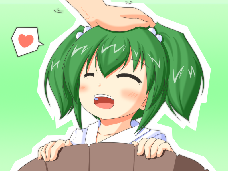 urushi, kisume, touhou, 1girl, blush, bucket, closed eyes, female focus, green hair, head pat, headpat, heart, in bucket, in container, patting, solo focus, twintails