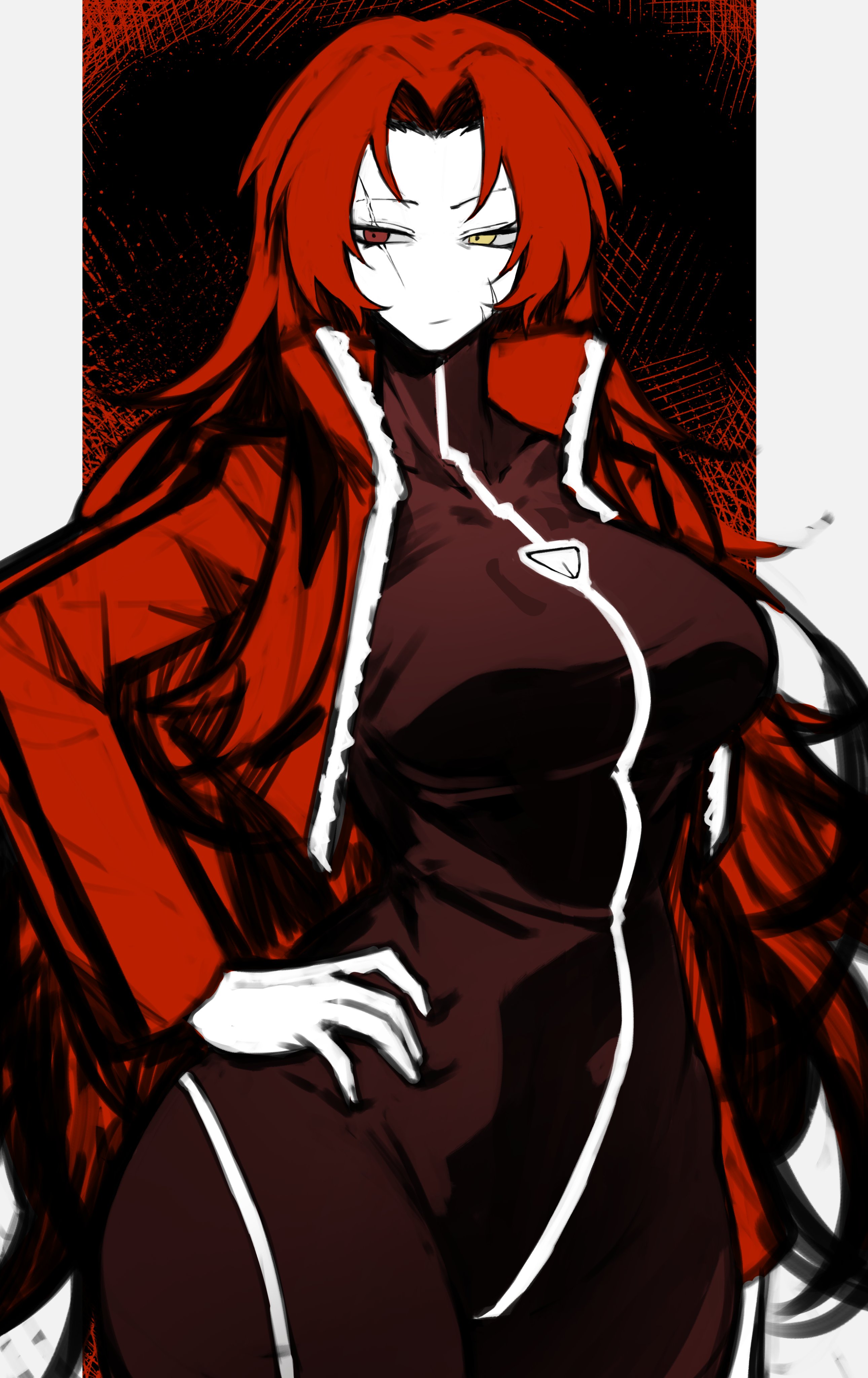 shigezie, gebura (project moon), lobotomy corporation, project moon, absurdres, highres, 1girl, black bodysuit, bodysuit, breasts, closed mouth, cowboy shot, hair intakes, hand on own hip, heterochromia, large breasts, long hair, looking to the side, red eyes, red hair, scar, scar across eye, scar on face, solo, very long hair, yellow eyes