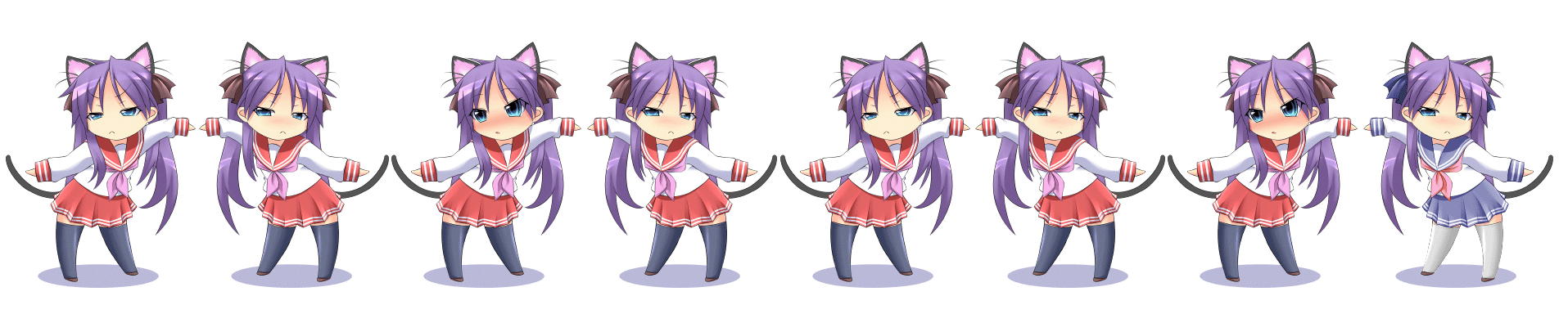nakki, hiiragi kagami, capcom, lucky star, monster hunter (series), animated, animated gif, bad id, bad pixiv id, highres, long image, wide image, 1girl, animal ears, blue eyes, blush, cat ears, cat tail, dancing, kyu kyu kyu nyaa, long hair, odd one out, parody, purple hair, school uniform, serafuku, tail, thighhighs, twintails