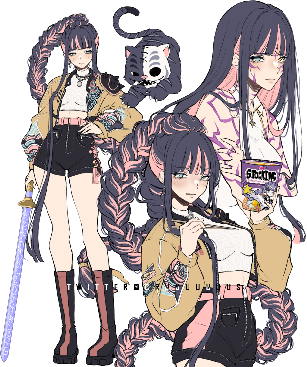 criis-chan, derpy (kpop demon hunters), honekoneko (psg), rumi (kpop demon hunters), stocking (psg), kpop demon hunters, panty & stocking with garterbelt, 1girl, black boots, black shorts, blue eyes, blunt bangs, body markings, boots, braid, braided ponytail, colored inner hair, crop top, cup ramen, earrings, heterochromia, holding, holding sword, holding weapon, jewelry, legs, long hair, looking at viewer, multicolored hair, multiple views, shirt, shorts, simple background, striped clothes, sword, two-tone hair, weapon, white background, white shirt, yellow eyes