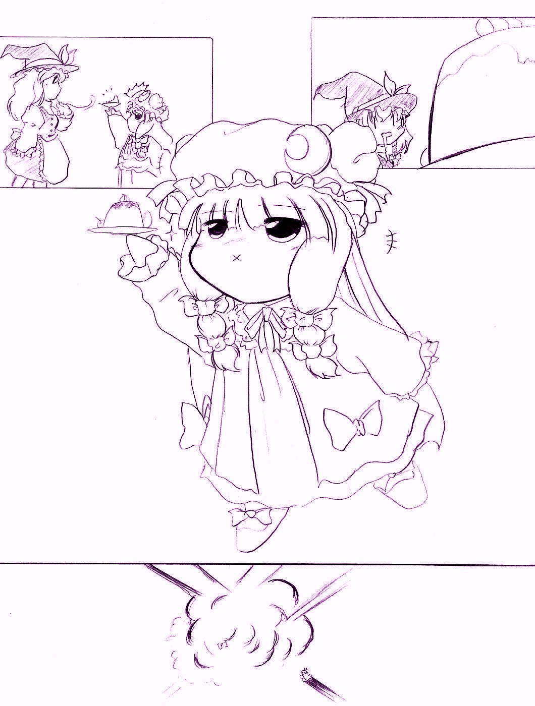 saga (pixiv), kirisame marisa, patchouli knowledge, touhou, highres, 2girls, chibi, explosion, female focus, food, hat, monochrome, multiple girls, pudding, purple theme, ribbon, x mouth