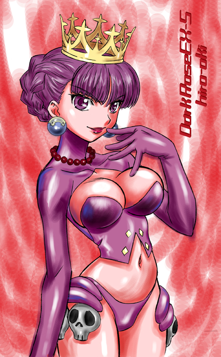 dr-e, gradriel, gradriel de valendia, atlus, princess crown, 1girl, breasts, cleavage, crown, earrings, female focus, jewelry, large breasts, lipstick, makeup, midriff, necklace, pearl necklace, purple eyes, purple hair, skull, solo