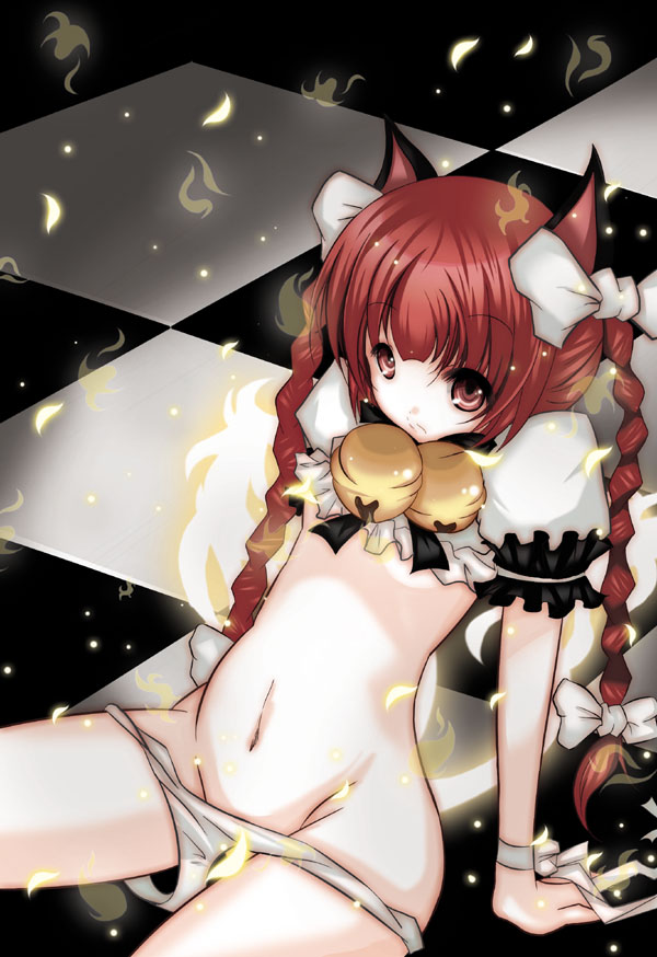 pedodedo, kaenbyou rin, touhou, 1girl, animal ears, bell, braid, breasts, cat ears, cat girl, female focus, midriff, panties, panty pull, red hair, ribbon, small breasts, solo, twin braids, underboob, underwear